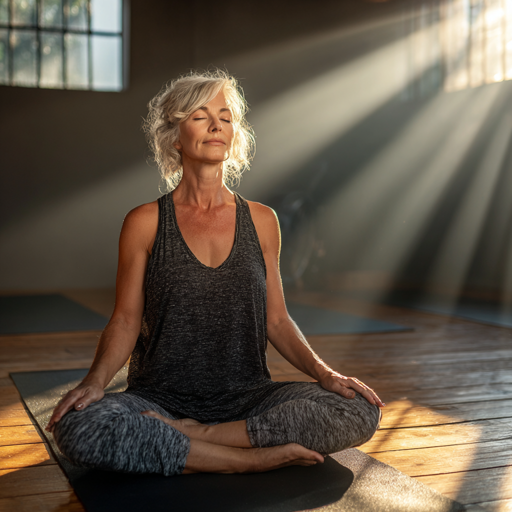 A serene middle-aged woman in her 40s practicing gentle yoga poses on a mat in a bright, peaceful studio with natural lighting
