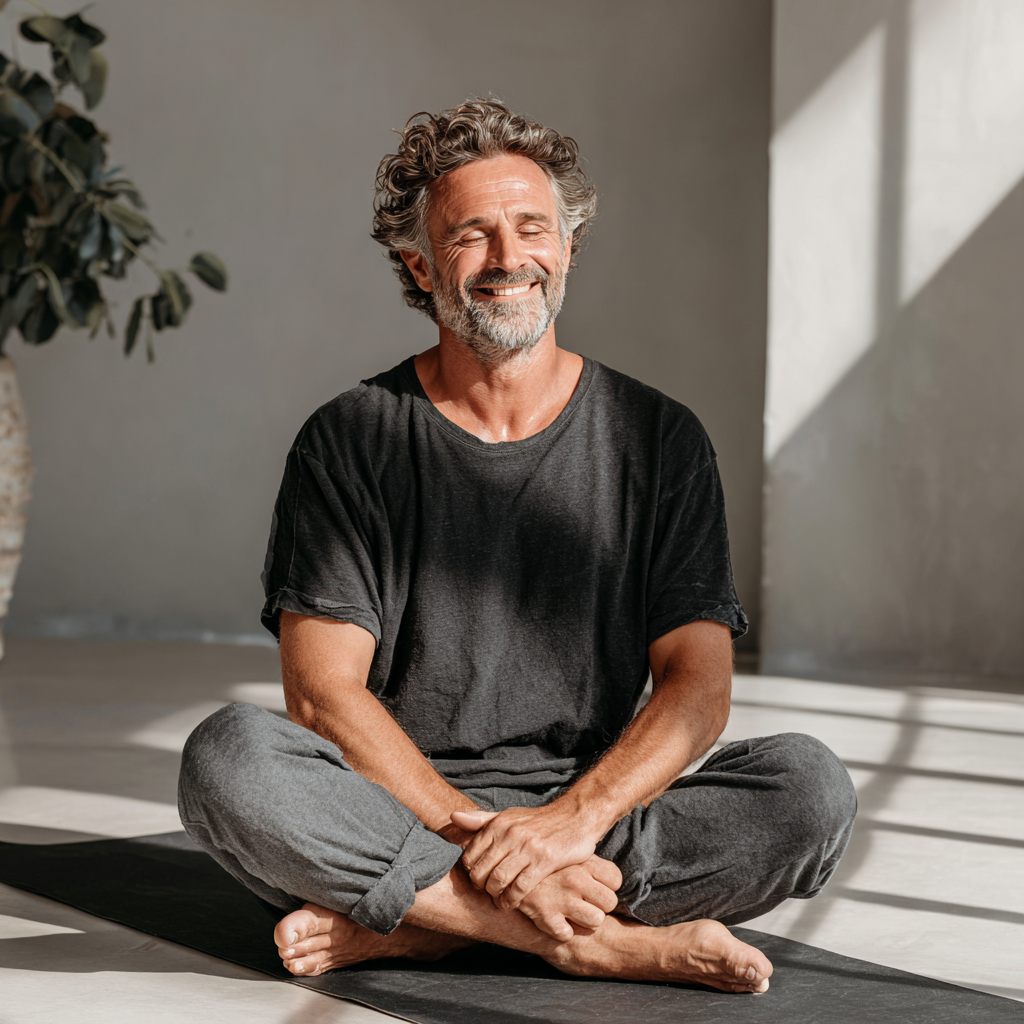 Happy middle-aged man in his 50s sitting cross-legged in a meditation pose on a yoga mat, smiling peacefully in a bright studio environment